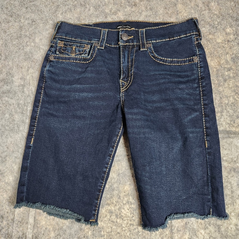 True Religion Ricky Big T Flap Jeans Shorts Men 32 W 11 I Blue Denim Dark Wash